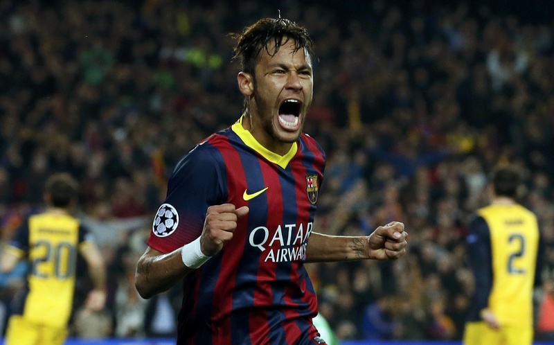 Barcelona's Neymar celebrates after scoring a goal against Atletico Madrid during their Champions League quarter-final first leg soccer match in Barcelona